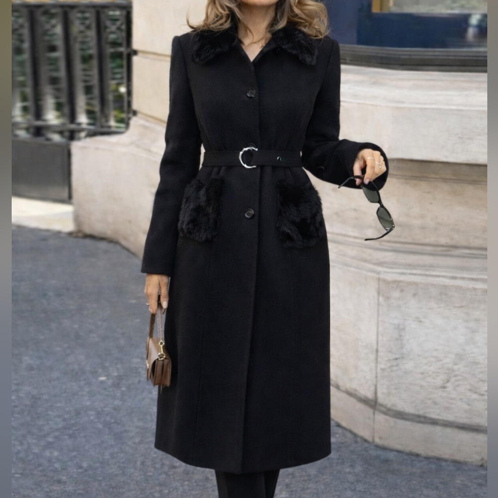 7. COST🛑Black faux fur pocketed peacoat belted pockets coat jacket